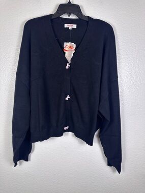 Diet Coke Women's Bow Embroidered Logo Cardigan Sweater Black Plus 2X
